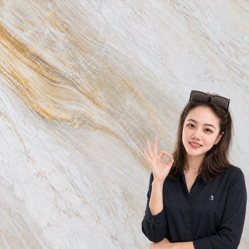 Brazilian exotic stone quality consultant with marble slab background