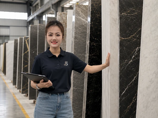 Stone slab inspection in bright warehouse before export order confirmation