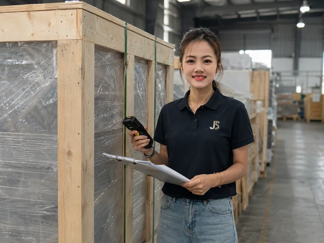 Warehouse inventory check with wooden crate packing for stone export