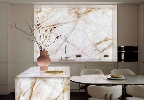 Crystal White Quartzite Feature Wall and Island Crystal White Quartzite slabs used for luxury feature wall and kitchen island
