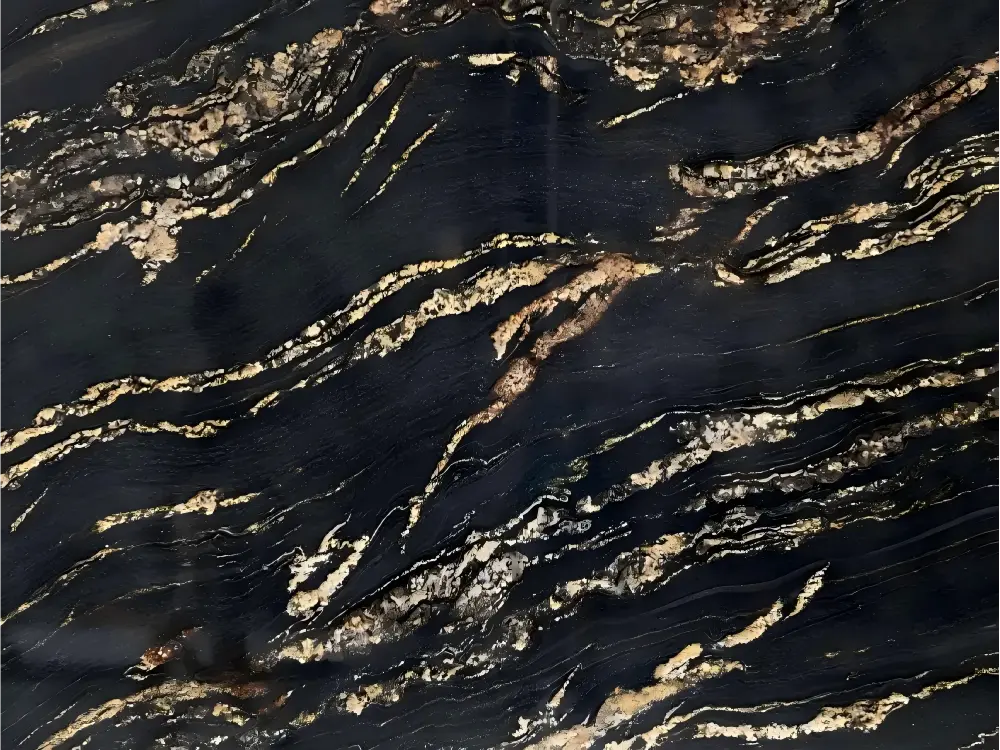 Black Cosmic Granite surface detail with gold and white mineral veining