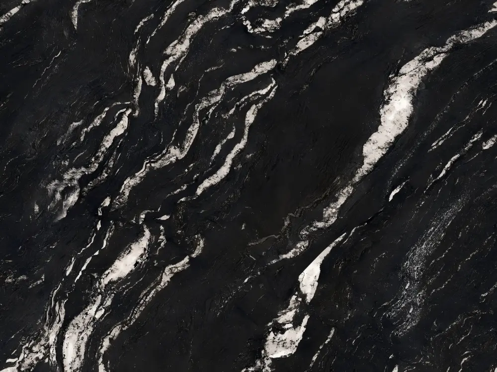 Black Titanium Granite surface detail with white and grey flowing veins