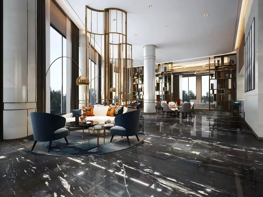 Black Titanium Granite Hotel Lobby Floor Black Titanium Granite floor installation in a hotel lobby