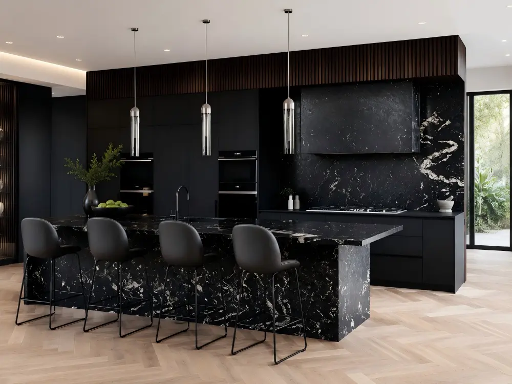 Black Titanium Granite Island and Wall Black Titanium Granite kitchen island and full-height wall cladding