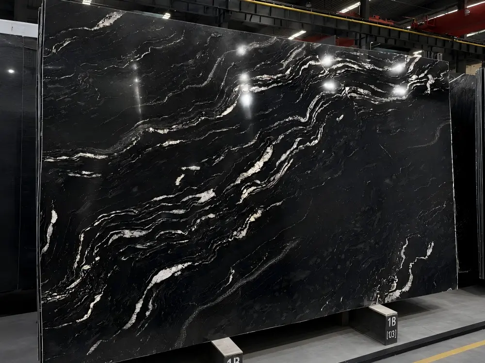 Black Titanium Granite Polished Slab Black Titanium Granite polished slab with flowing white mineral movement
