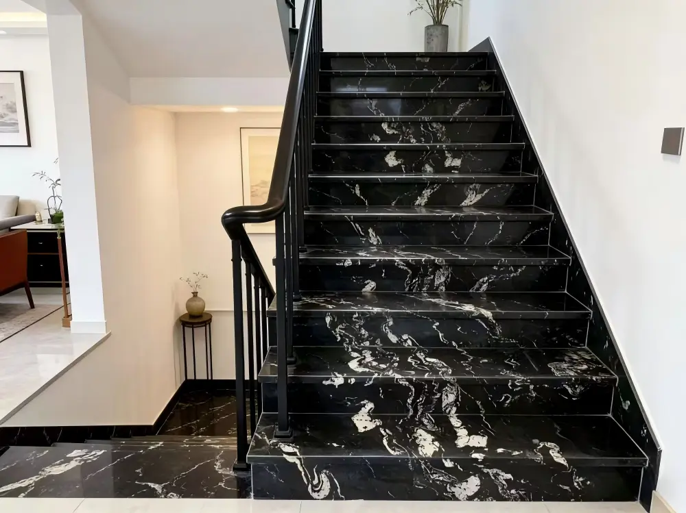 Black Titanium Granite Stairs Black Titanium Granite stair treads in a residential interior