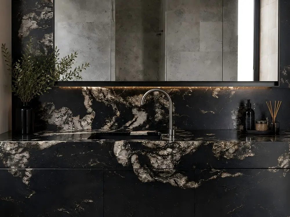 Black Titanium Granite Vanity Black Titanium Granite vanity top and backsplash with vessel basin