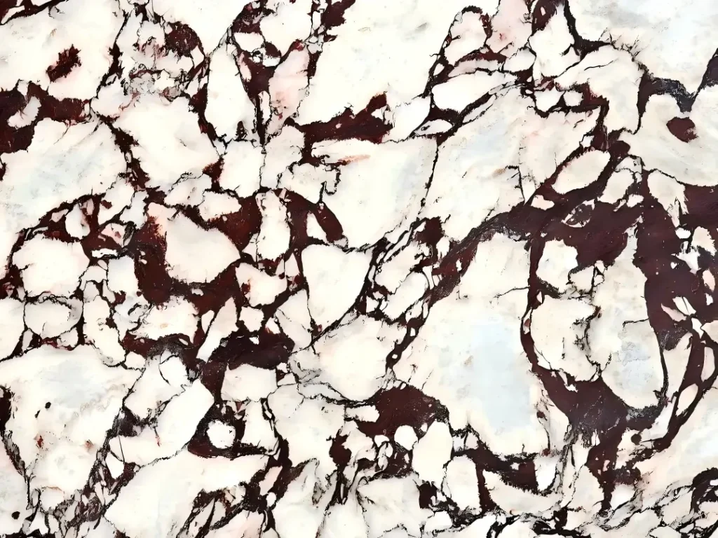 Close detail of Calacatta Viola Bvlgari Marble burgundy violet and cream pattern