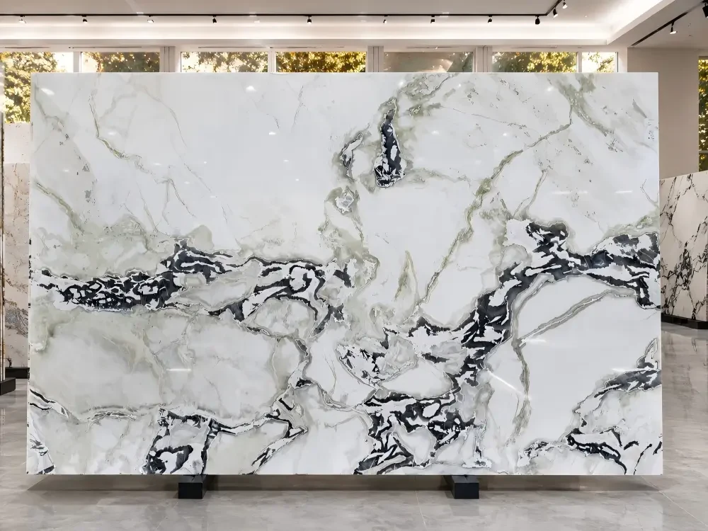 Fendi White Marble Full Slab Fendi White Marble full slab with angular charcoal veining