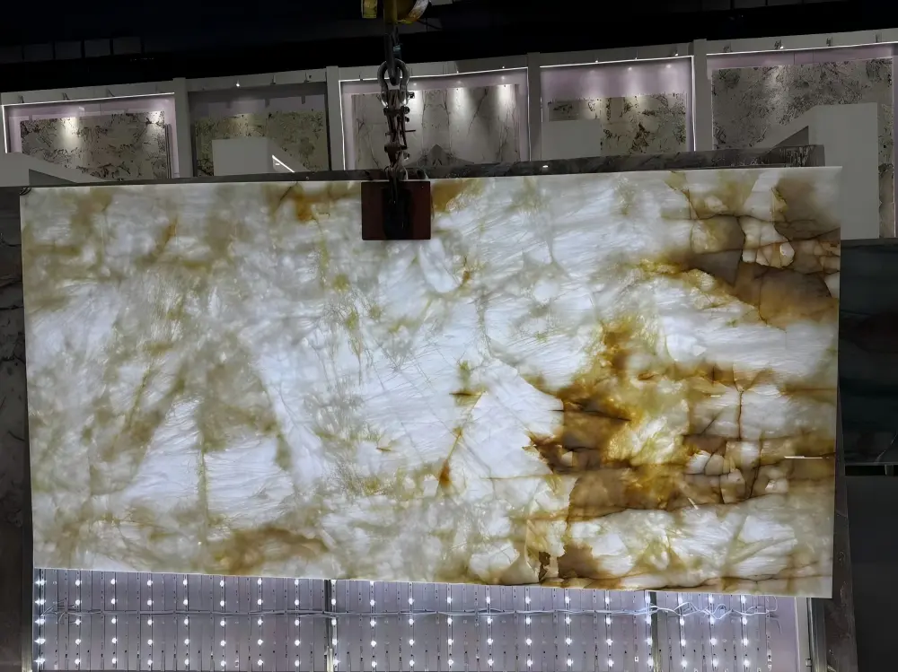 Golden Veins Crystal White Slab with light 2 Golden Veins Crystal White Slab with light 2