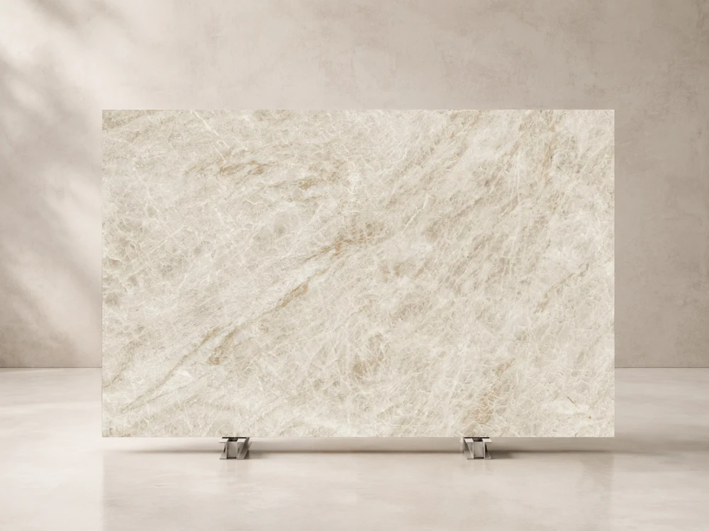 Taj Mahal slab displayed in a minimalist studio setting