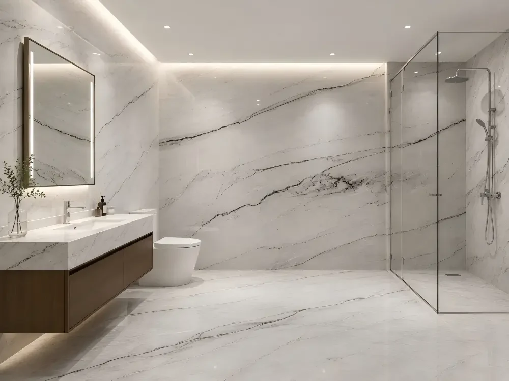 Mont Blanc Quartzite Bathroom Mont Blanc Quartzite bathroom wall application