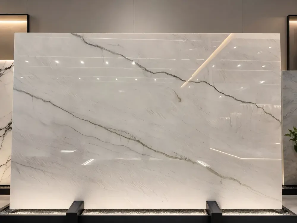 Mont Blanc Quartzite Full Slab Mont Blanc Quartzite full slab with soft white grey and flowing charcoal veining