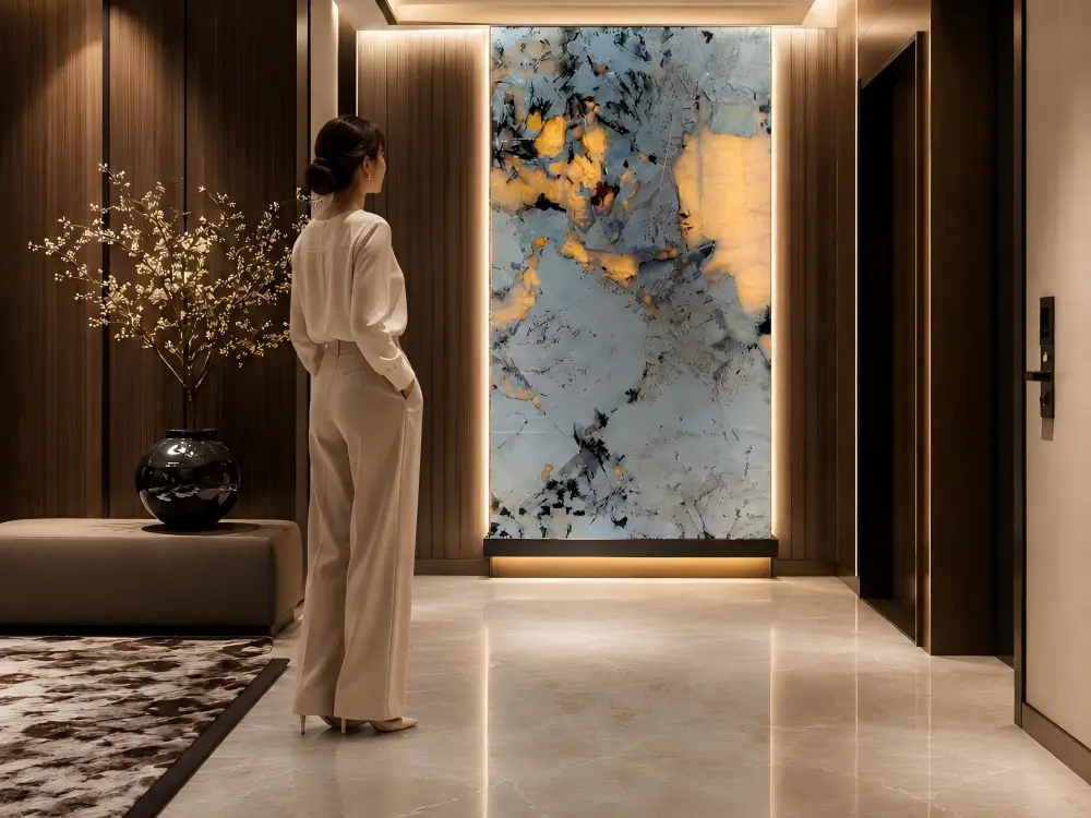 White Patagonia Quartzite Feature Wall White Patagonia Quartzite illuminated feature wall in a luxury interior