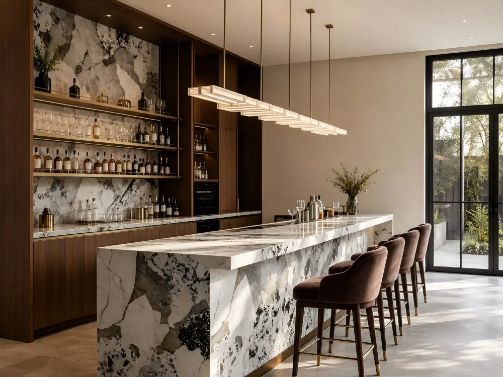 White Patagonia Quartzite Island Top White Patagonia Quartzite island top and bar front in a modern kitchen