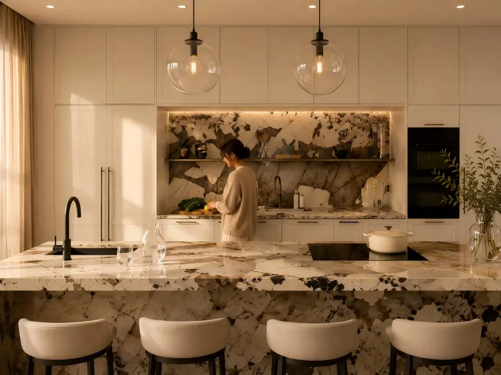White Patagonia Quartzite Kitchen White Patagonia Quartzite kitchen island and backsplash application