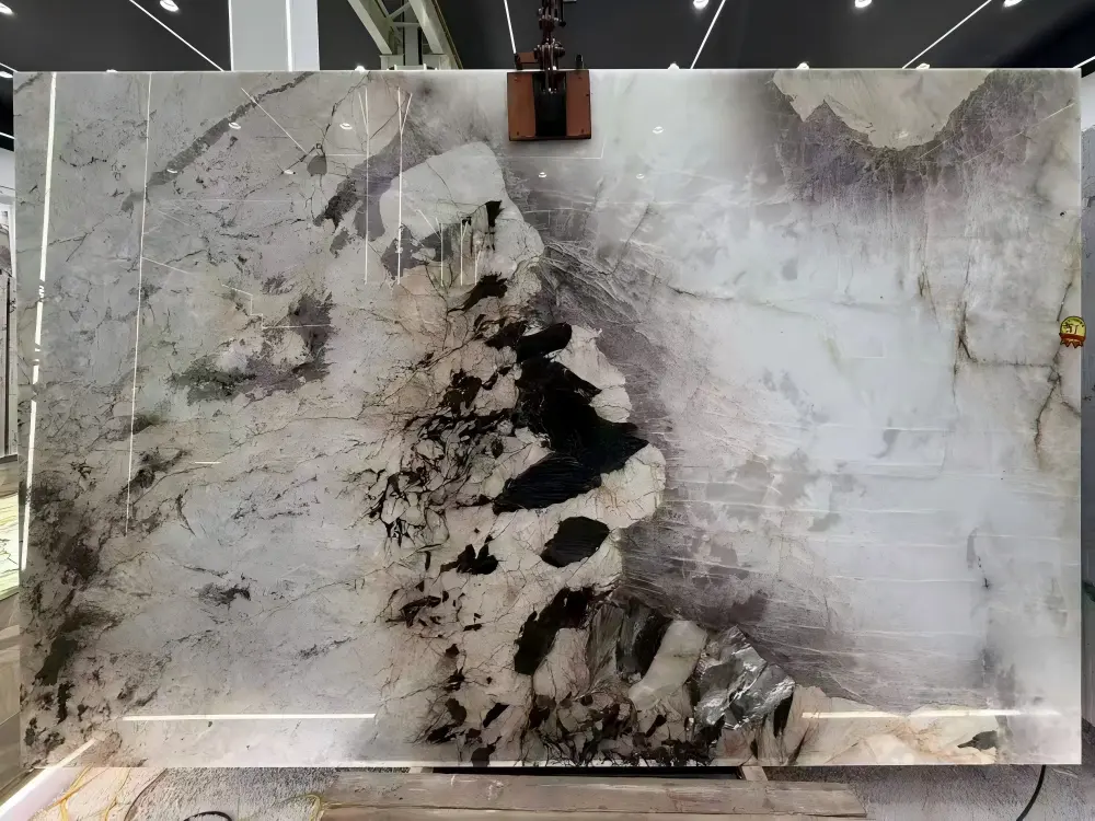 White Patagonia Quartzite Slab 02 White Patagonia Quartzite slab with translucent crystal and dark mineral movement