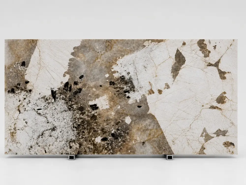 White Patagonia Quartzite Full Slab White Patagonia Quartzite full slab with white beige grey and dark mineral movement