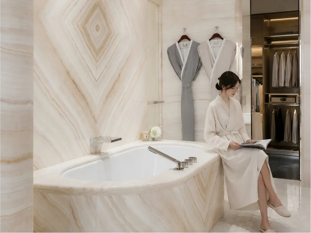 White Tiger Onyx Bathroom Wall And Tub White Tiger Onyx bathroom wall and tub