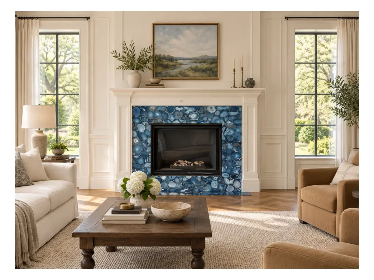 Blue Agate Semi-precious Stone Wall Panels Fireplace Application Blue Agate Semi-Precious Stone Wall Panels fireplace application