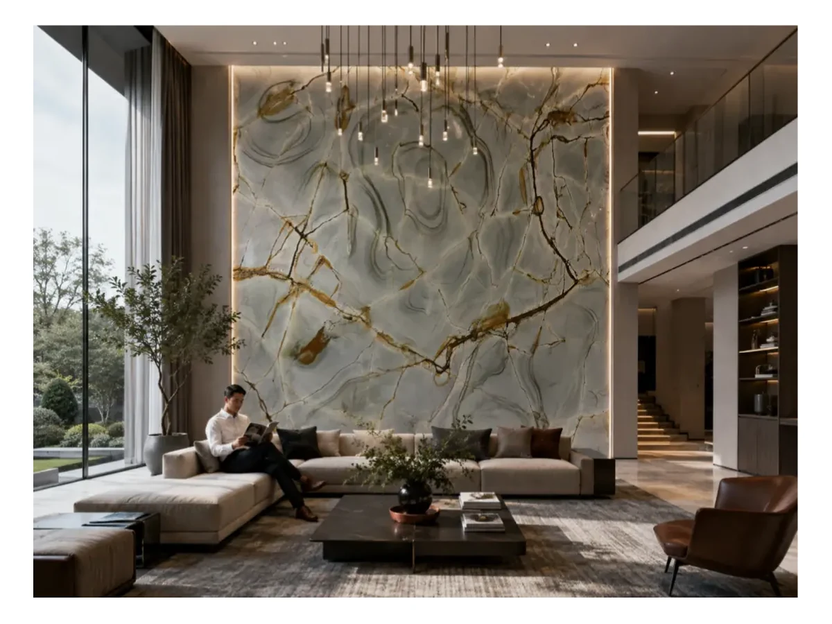 Blue Roma Quartzite Feature Wall Application Blue Roma Quartzite feature wall application