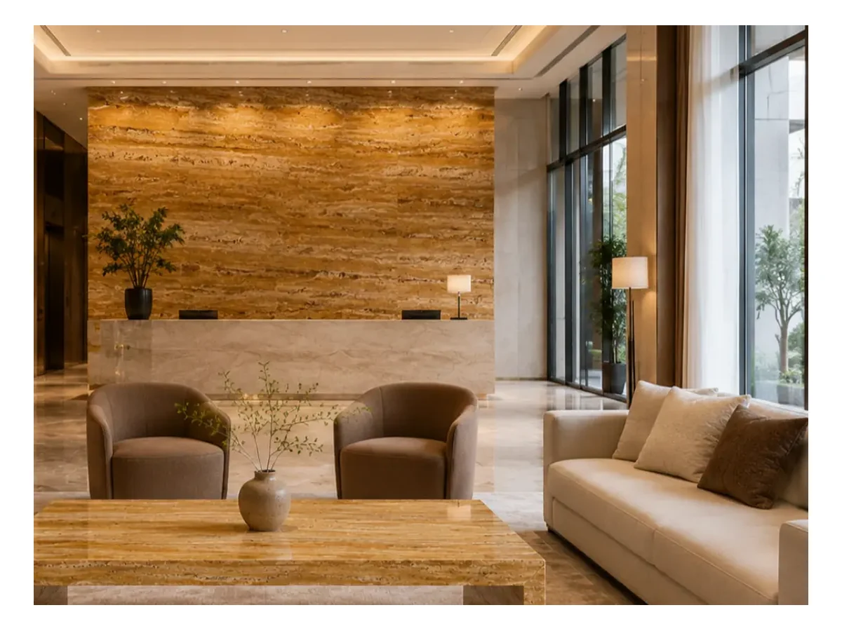 Gold Travertine Feature Wall Application Gold Travertine feature wall application