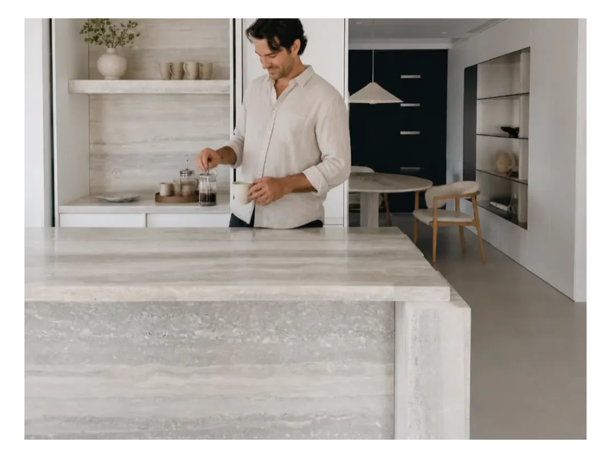Italy Silver Grey Travertine Countertop Application Italy Silver Grey Travertine countertop application