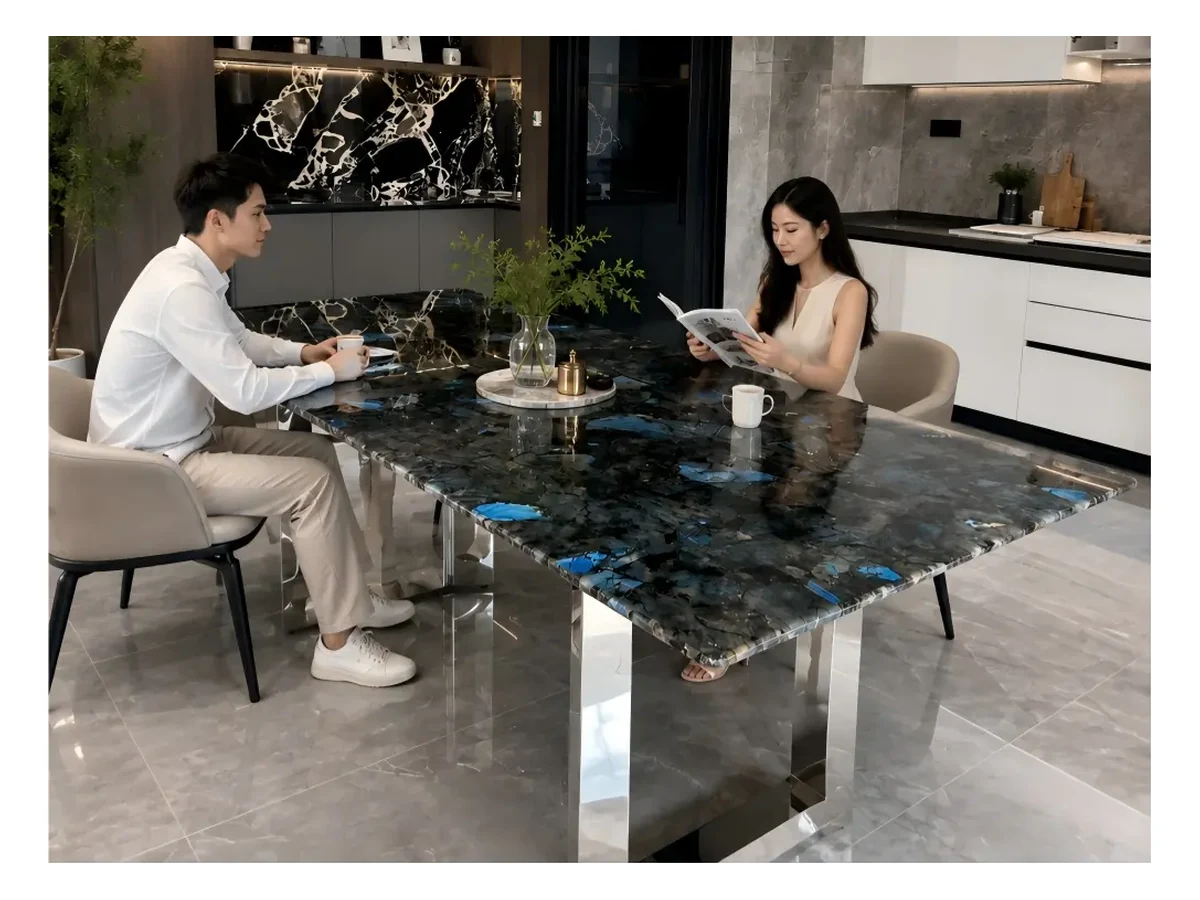 Lemurian Blue Granite Stone Table Application Lemurian Blue Granite stone table application