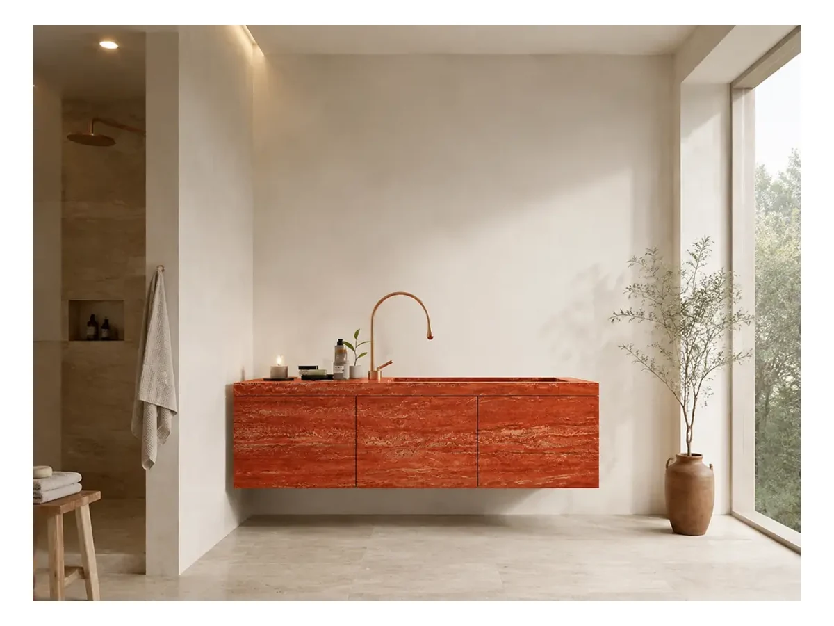 Red Travertine Bathroom Vanity Application Red Travertine bathroom vanity application