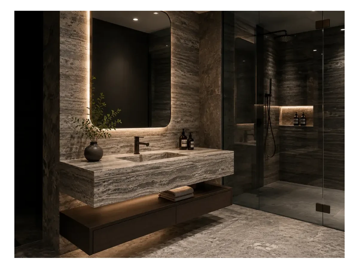 Silver Grey Travertine Bathroom Vanity Application Silver Grey Travertine bathroom vanity application