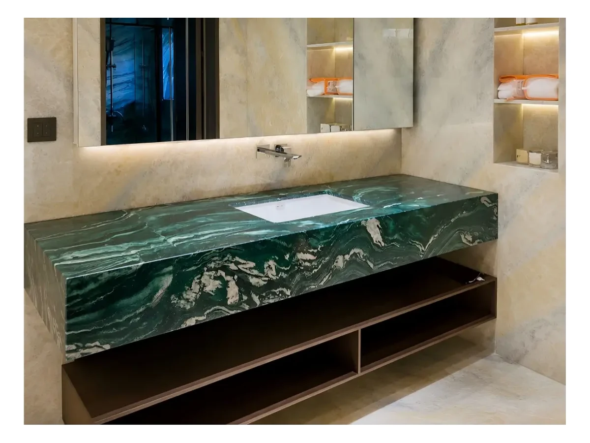 Verde Lapponia Quartzite Bathroom Vanity Application Verde Lapponia Quartzite bathroom vanity application