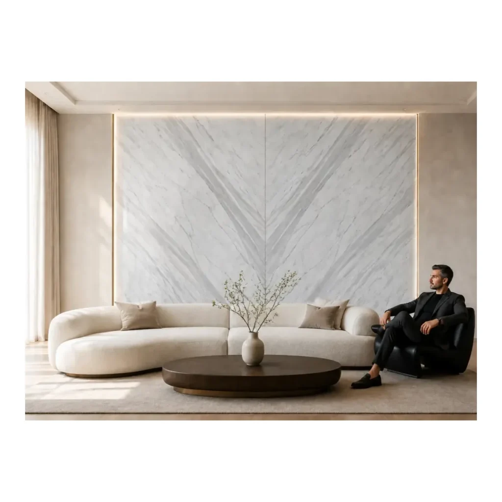 Volakas White Marble bookmatched slab layout