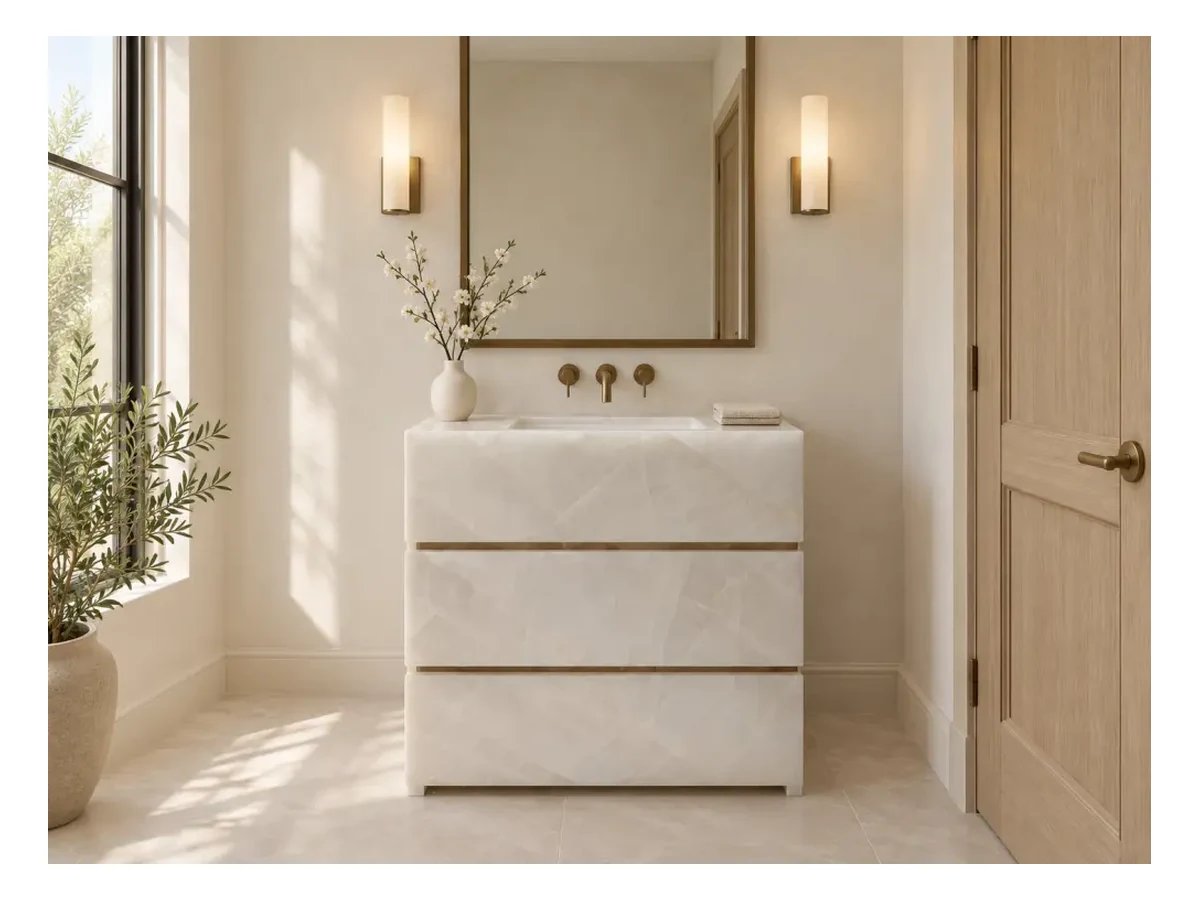 White Agate Semi-precious Stone Bathroom Vanity Application White Agate Semi-Precious Stone bathroom vanity application